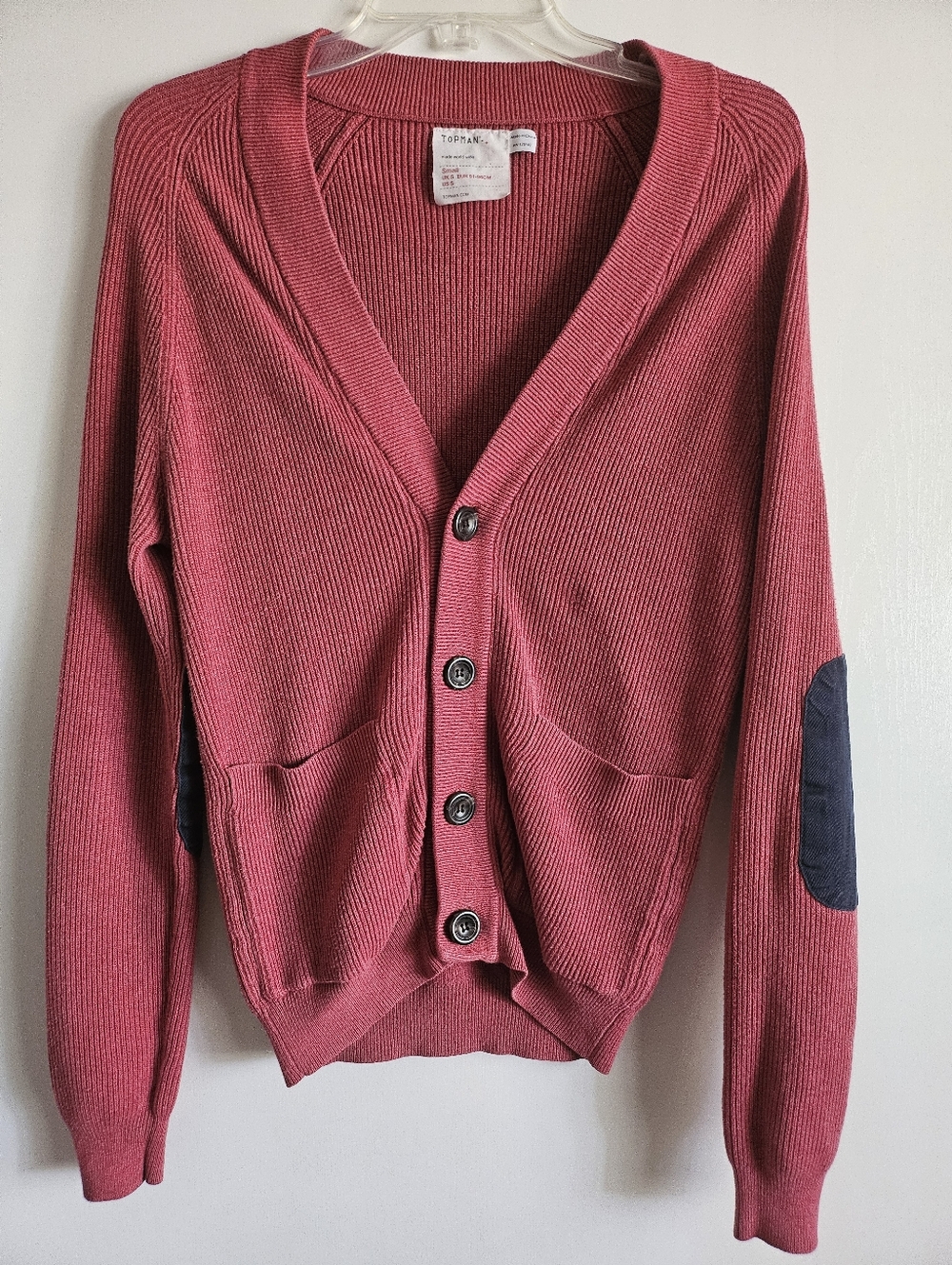 Topman Red Cardigan Sweater Elbow Patch V-Neck Knit Button Up Soft Womens Small